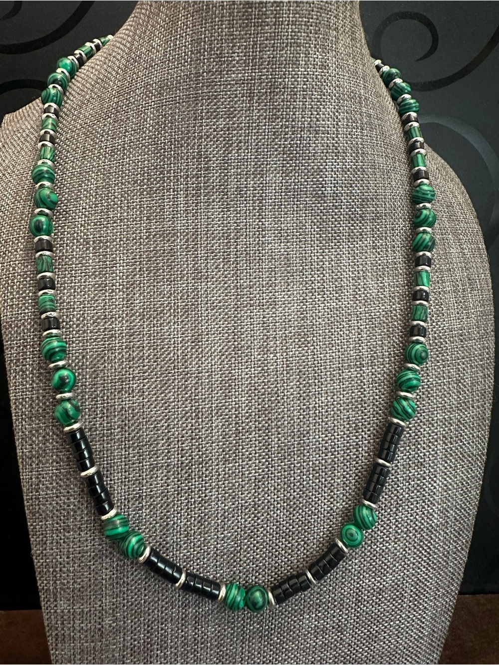 Green  Malachite and Black Jasper Beaded Necklace